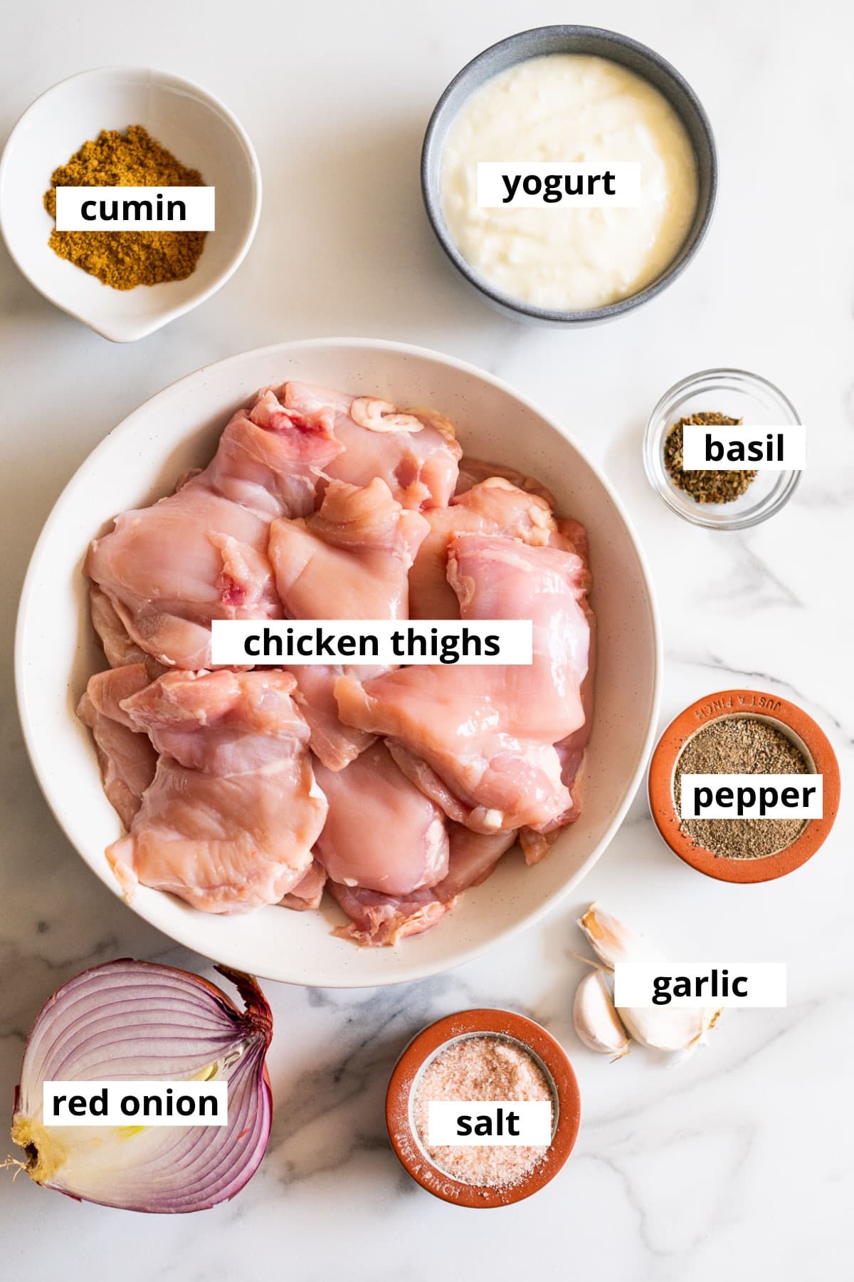 Yogurt, boneless skinless chicken thighs, ground cumin, dried basil, garlic cloves, red onion, salt and pepper.