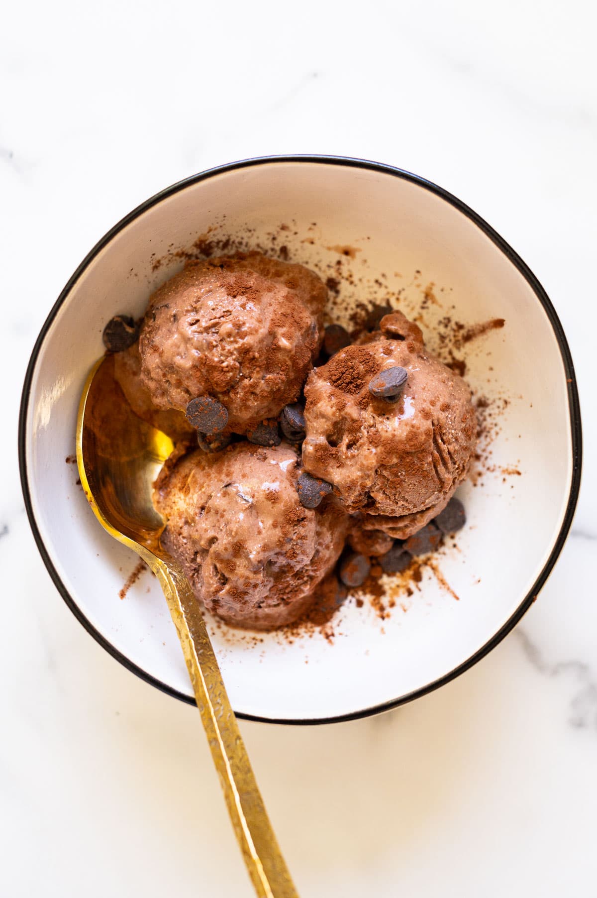 Chocolate cottage cheese ice cream served with chocolate chips and cacao powder in a bowl.