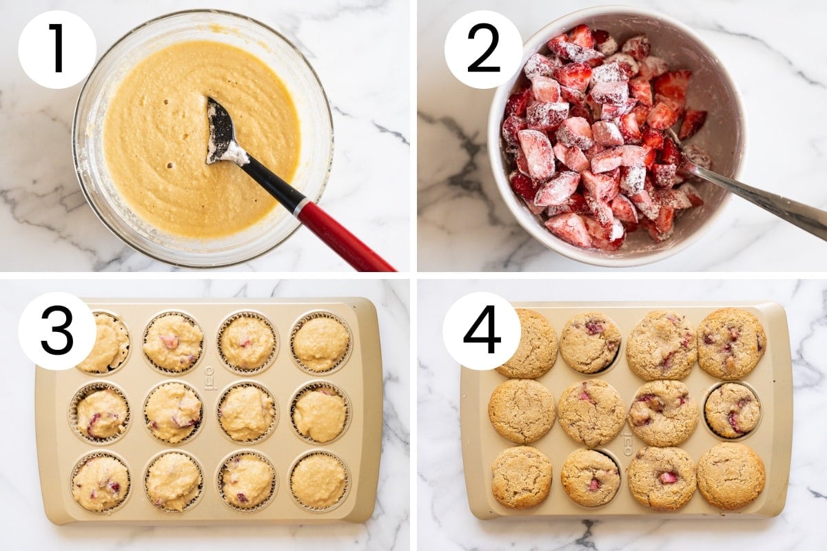  process how to make almond flour muffin batter, add strawberries and then bake the muffins.