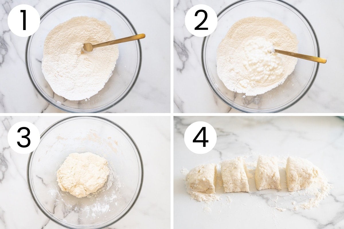 Step by step process how to make a dough for protein bagels.