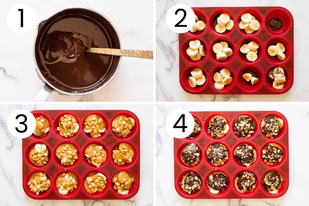 Step by step process how to make frozen banana Snickers bites in a muffin tin.