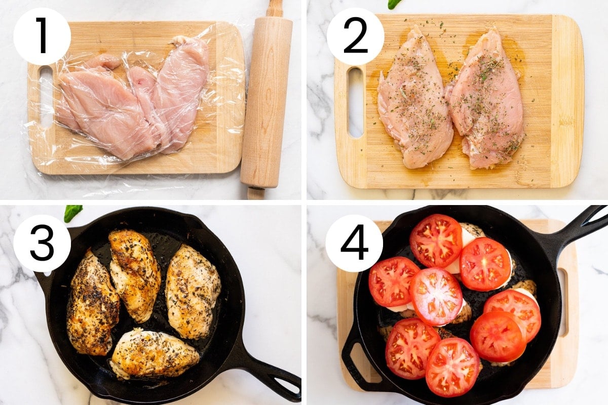 Step by step process how to pound chicken breasts and make chicken caprese.
