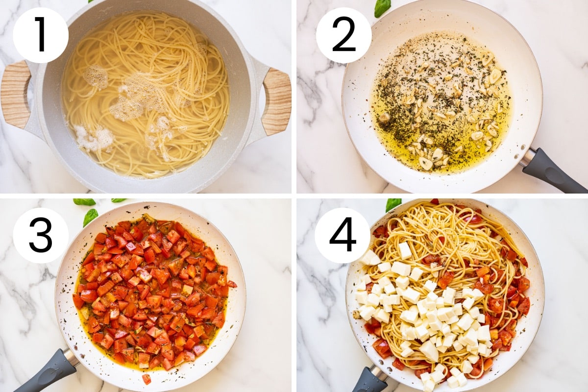 Step by step process how to cook spaghetti and make caprese pasta with it in a skillet.