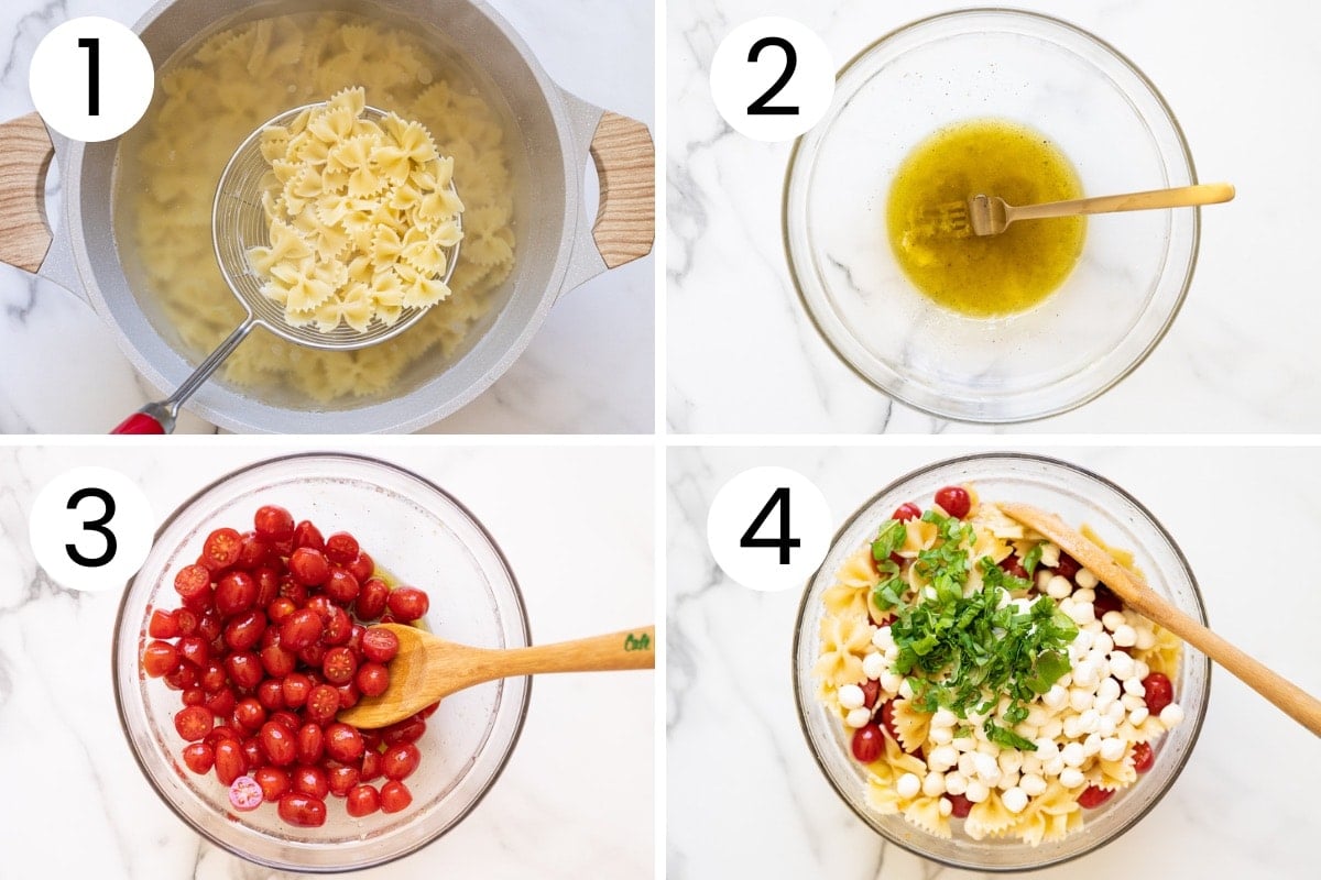 Step by step process how to make caprese pasta salad.
