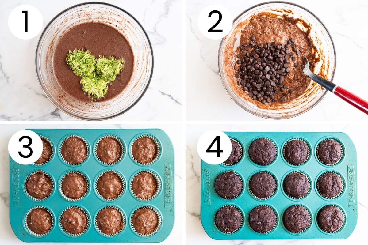 How to make chocolate zucchini muffins step by step process.
