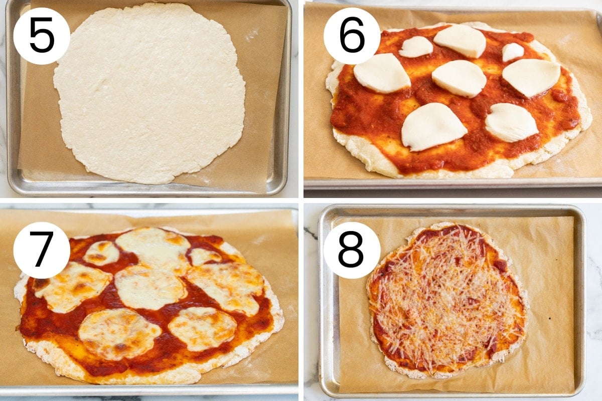 Step by step process how to top protein pizza crust with sauce, cheese and then bake.