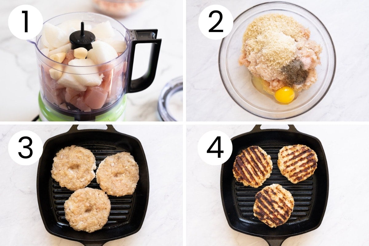 Step by step process how to make grilled chicken patty mixture and grill chicken burgers on a cast iron skillet.