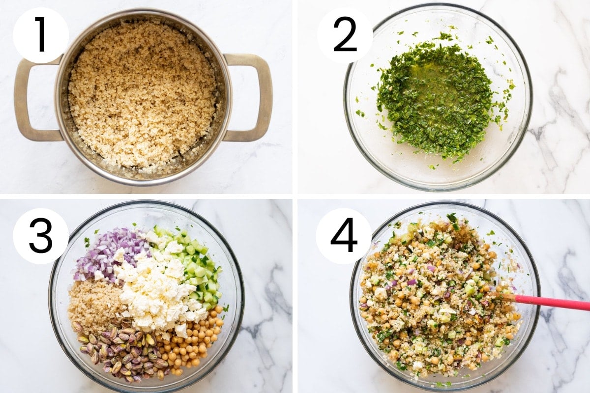 Step by step process how to cook quinoa, make salad dressing and Jennifer Aniston salad in one bowl.