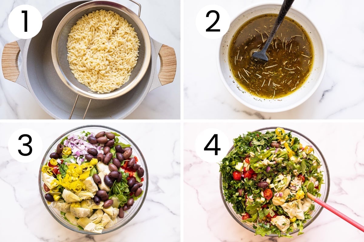 Step by step process how to cook orzo, make salad dressing and combine Mediterranean orzo salad in a bowl.