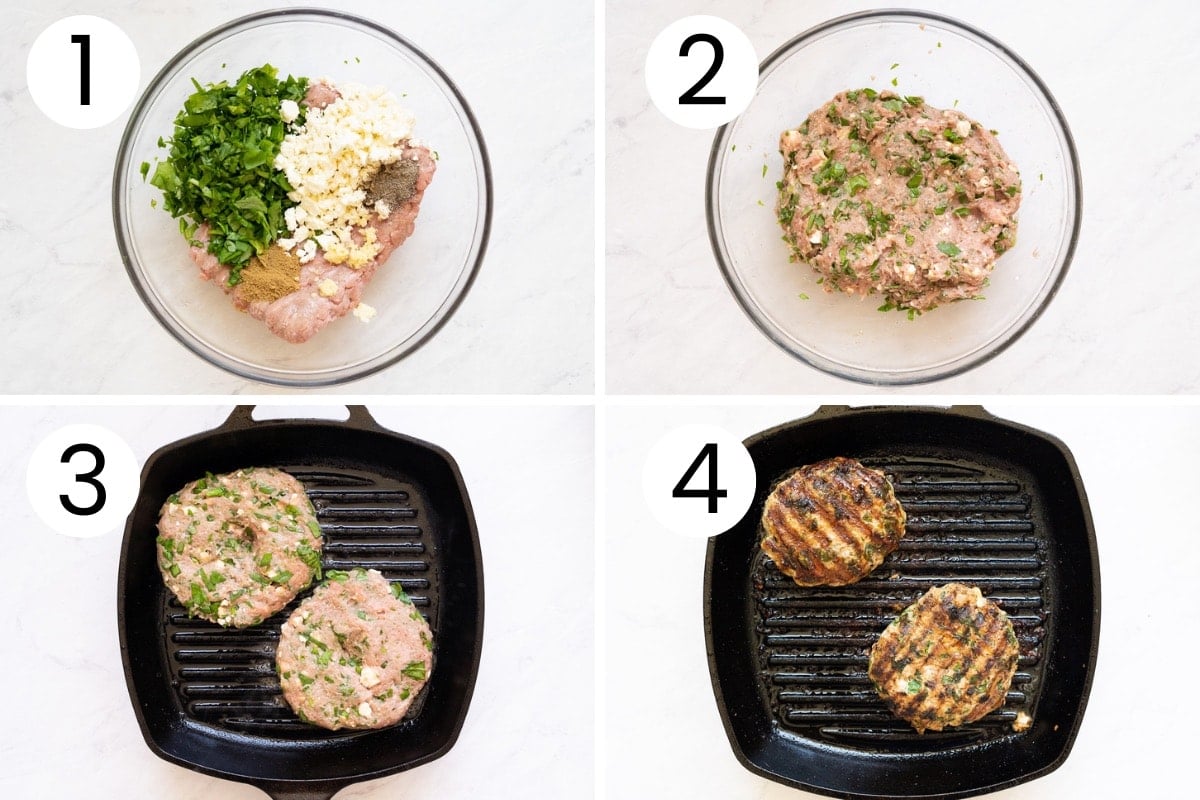 Step by step process how to make spinach feta turkey burger patties and fry them in a grill pan.