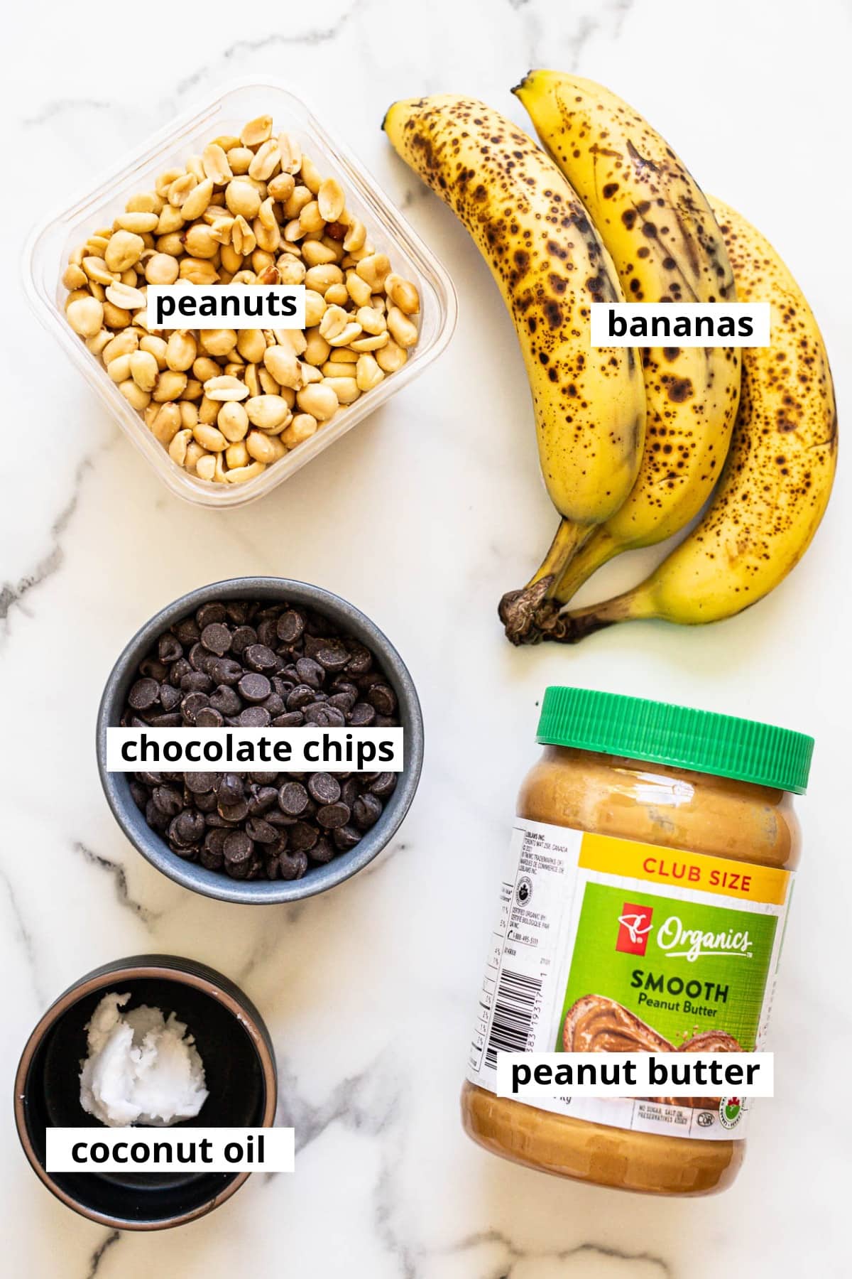Peanut butter, bananas, peanuts, chocolate chips, coconut oil.