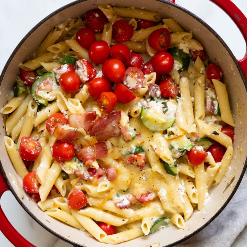 One Pot Zucchini Ricotta Pasta with Bacon - iFoodReal.com