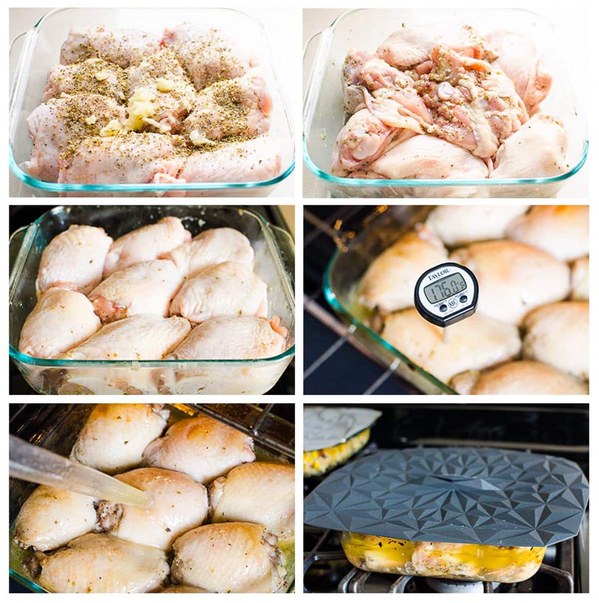 Step by step process how to bake chicken thighs in the oven.