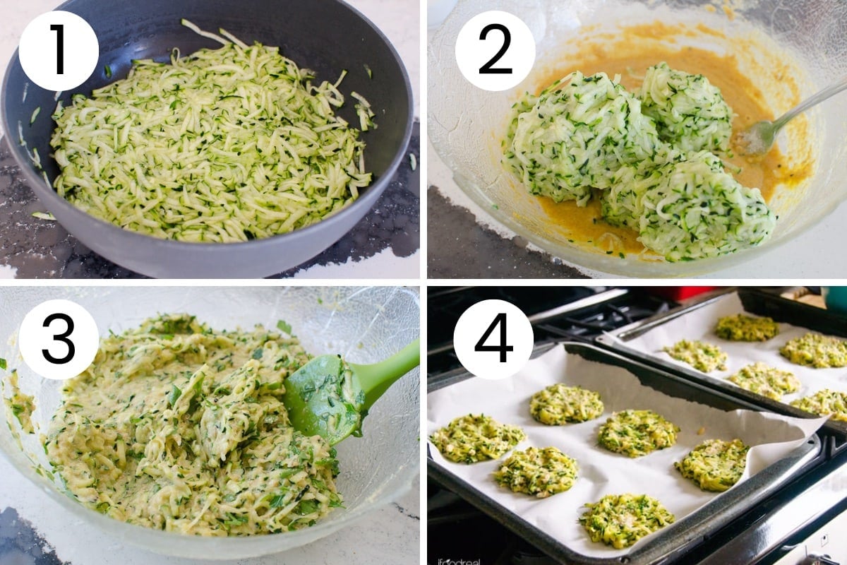 Step by step process how to make baked zucchini fritters.