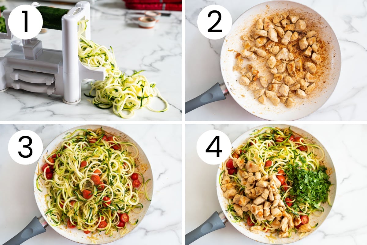 Step by step process how to make zucchini noodles, saute chicken and mix it all together.