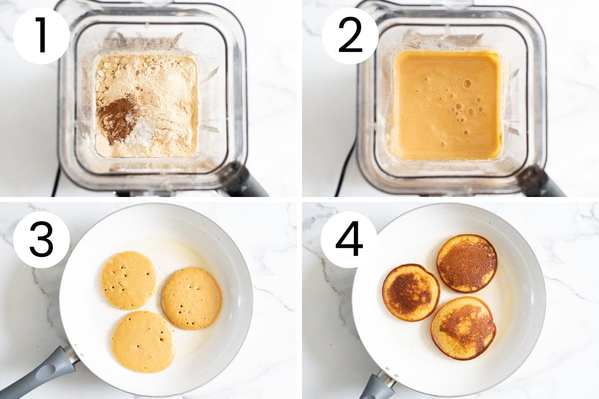 Step is the process how to make cottage cheese protein pancakes batter in a blender and then pan fry.