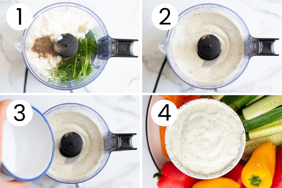 Step by step process how to make cottage cheese ranch dip in a food processor and then serve.