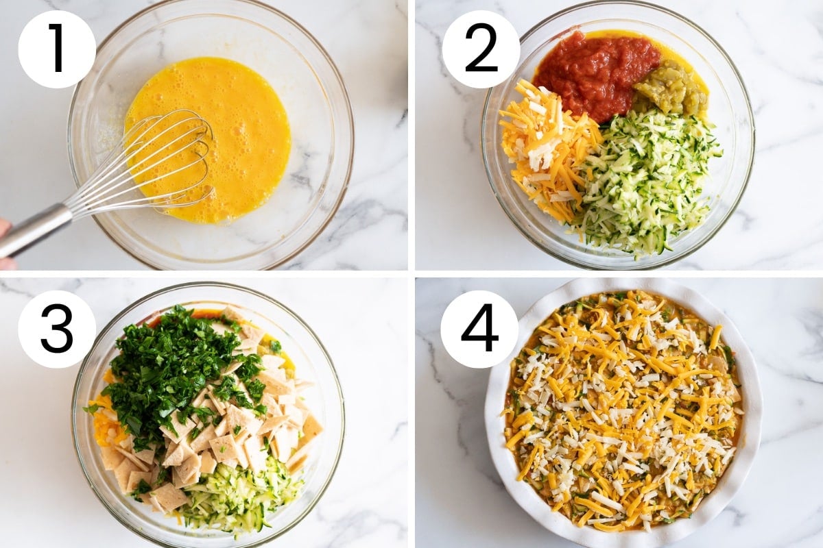 Step by step process how to whisk eggs and mix and bake all crossword zucchini pie ingredients in a baking dish.