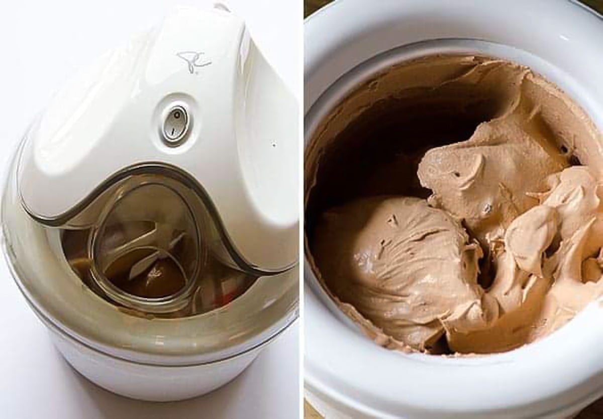 Healthy chocolate ice cream churning in an ice cream machine.