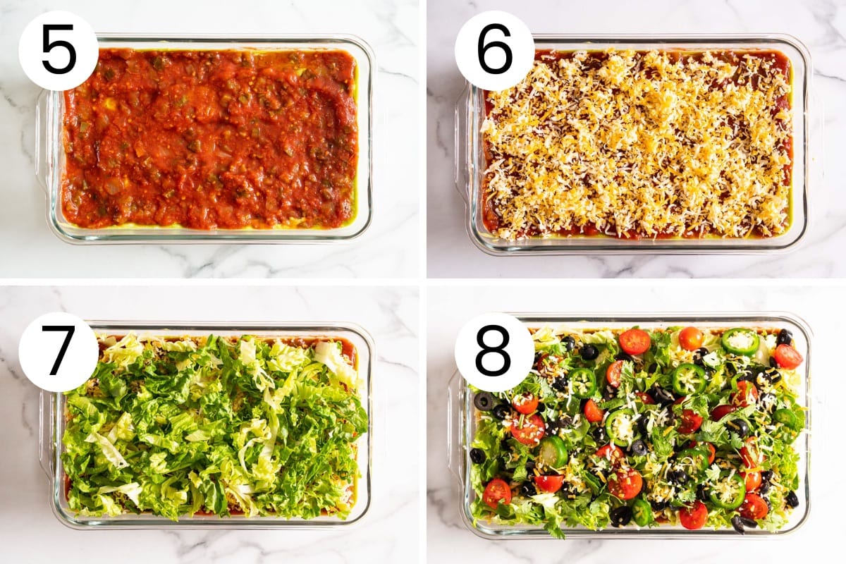 Step by step process how to finish layering seven layer dip with salsa, cheese, lettuce, olives and tomatoes and jalapenos.