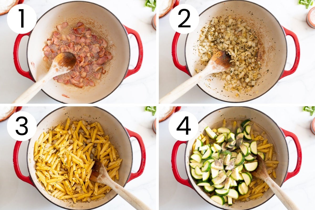 Step by step process how to saute bacon, onion and add pasta and zucchini to it.