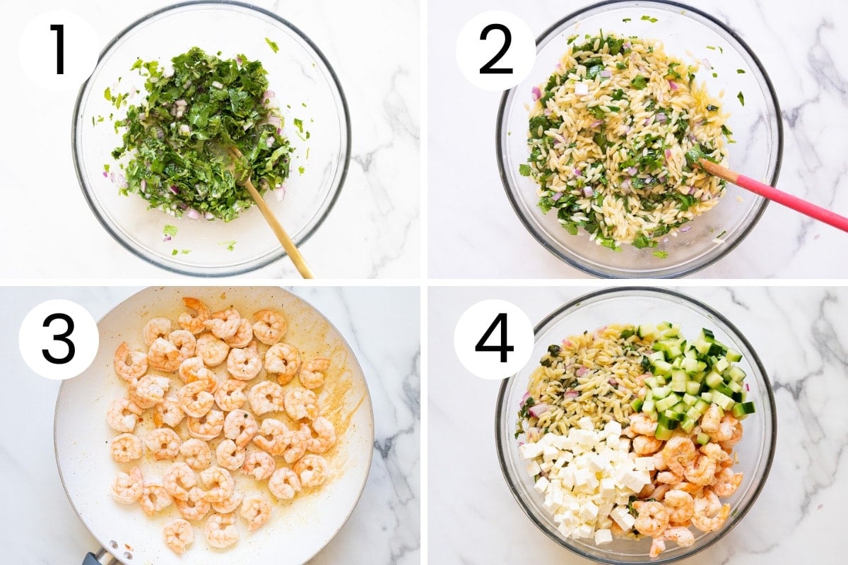 Step by step process how to cook shrimp, make dressing and then combine into shrimp orzo salad.