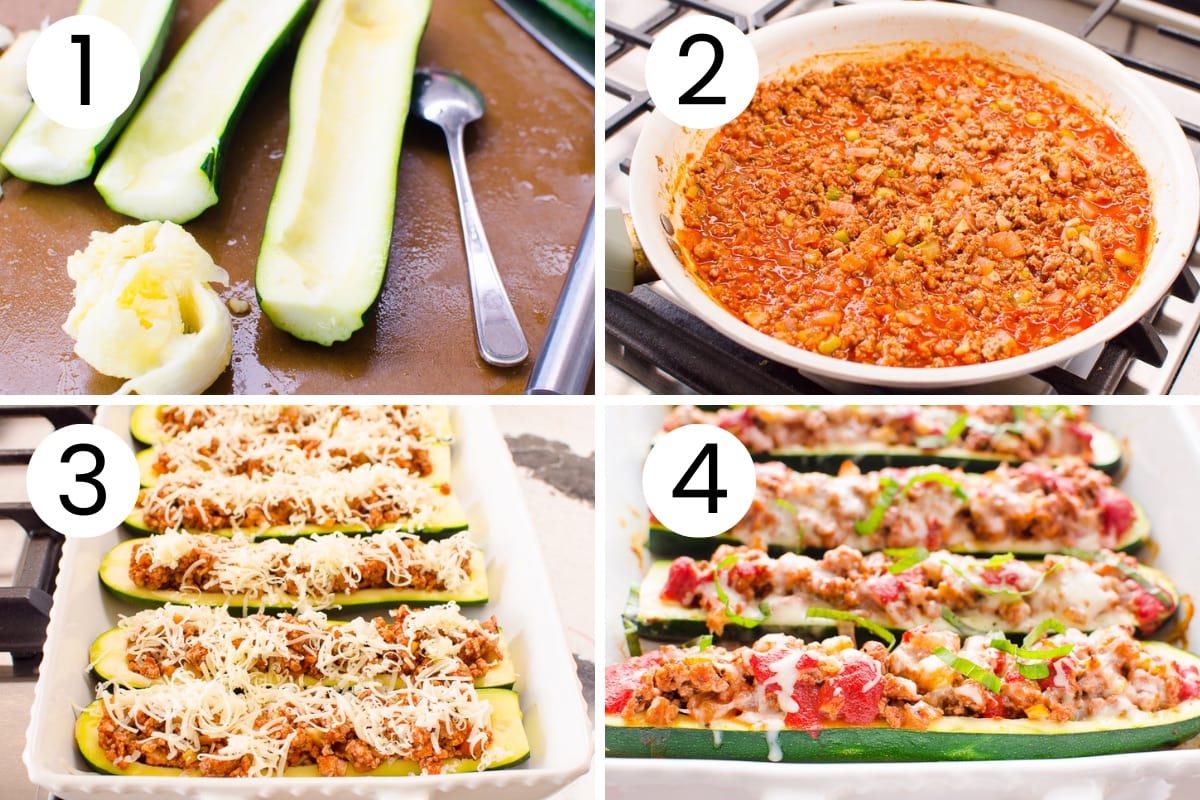 Step by step process how to make zucchini boats with ground turkey filling.