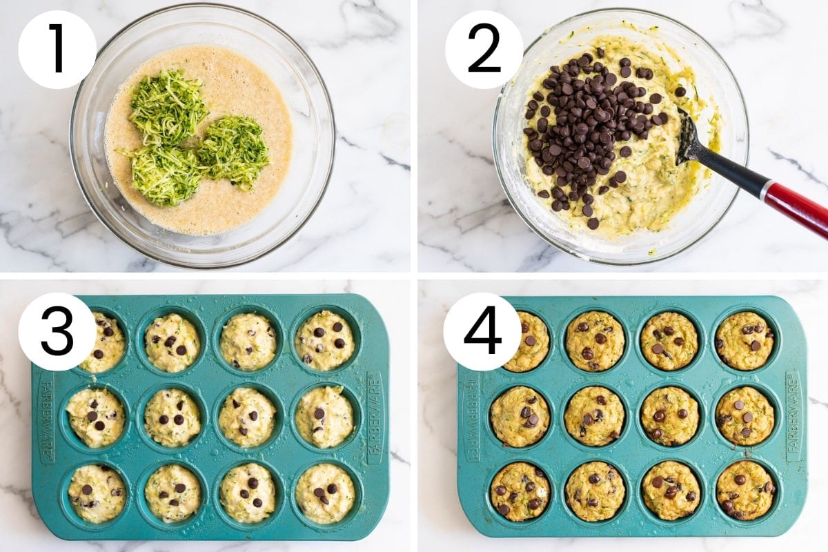 Step by step process how to make zucchini chocolate chip muffins.