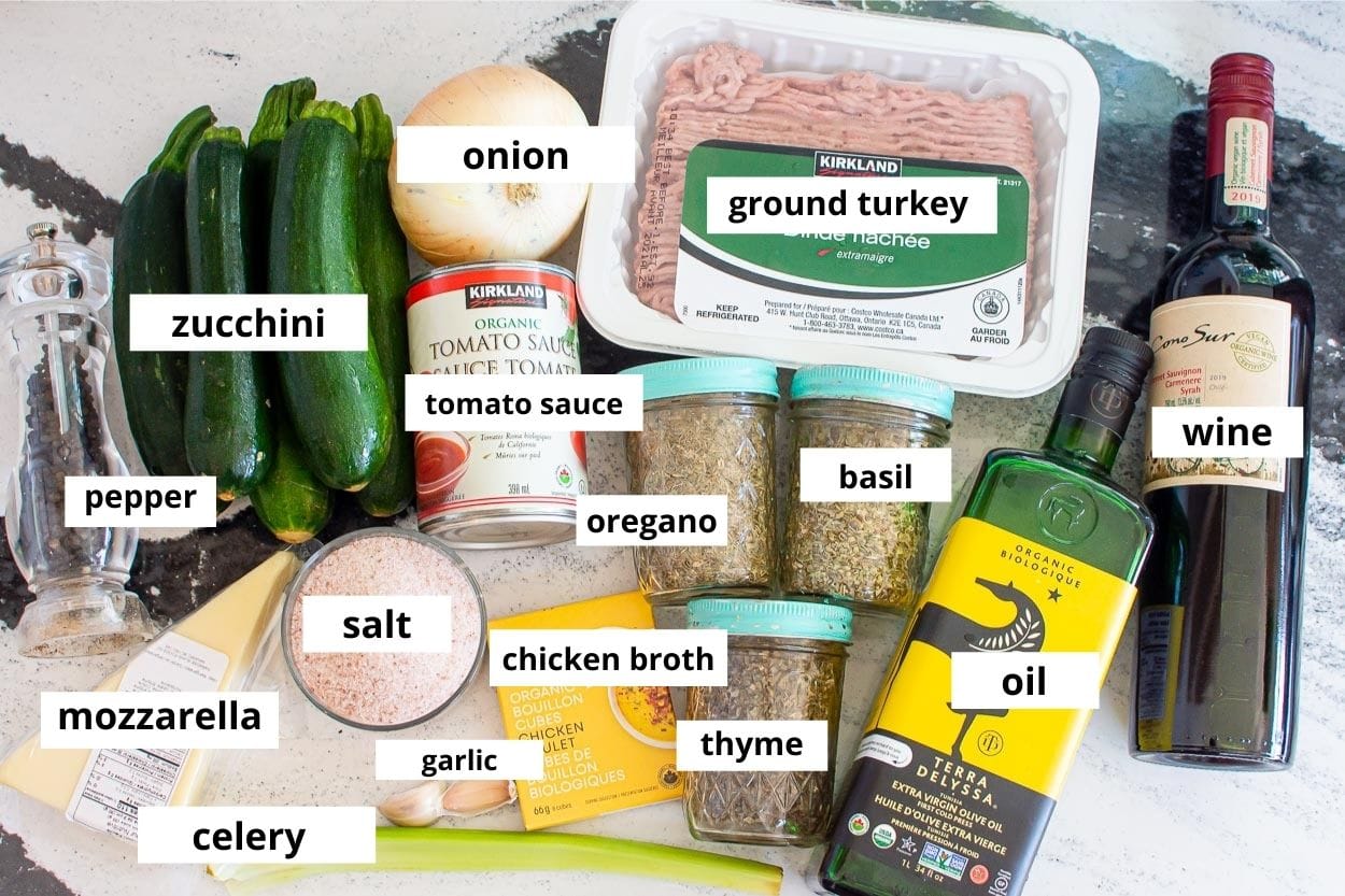 Ground turkey, zucchini, onion, red wine, tomato sauce, mozzarella cheese, celery, garlic, olive oil, chicken broth, seasonings.