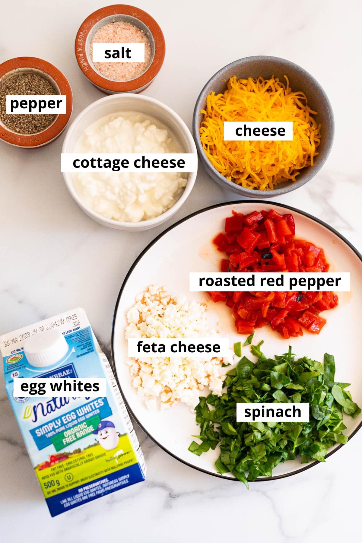Cottage cheese, cheddar cheese, salt, pepper, roasted red pepper, feta cheese, spinach and egg whites.