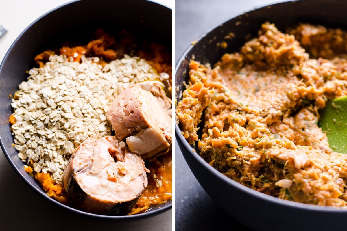 Canned salmon, oats, egg and sweet potato and spices mixture in a bowl with spatula.