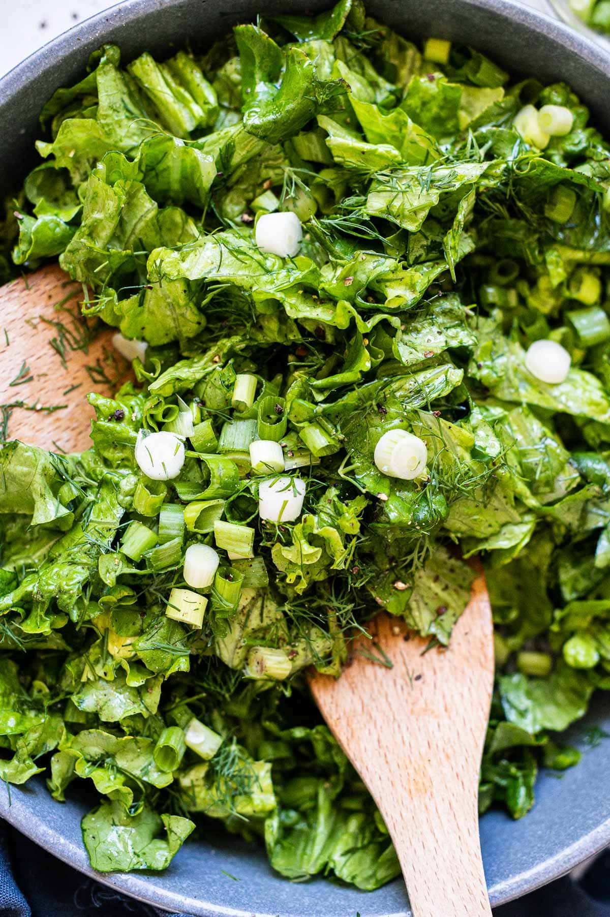 Butter lettuce salad with green onion and dill in a bowl with wooden spoons.