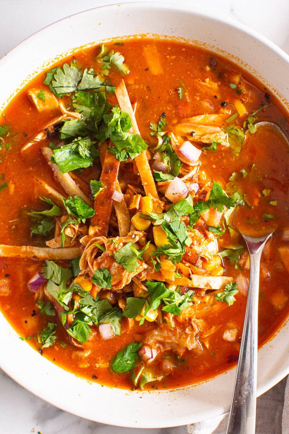  chicken tortilla soup served with tortilla strips, cilantro and red onion in a bowl with a spoon.