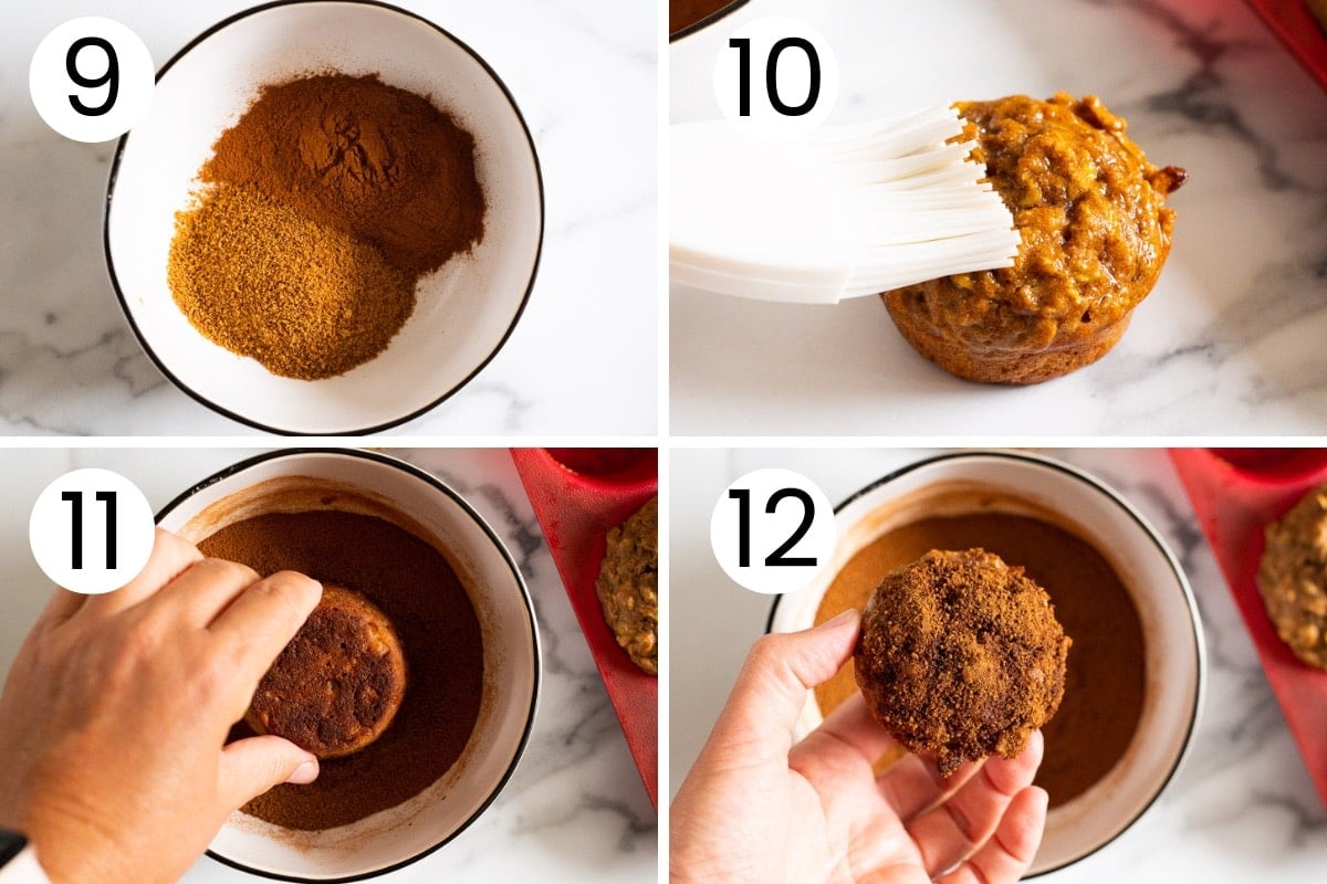 Step  process how to add cinnamon sugar topping to apple muffins.