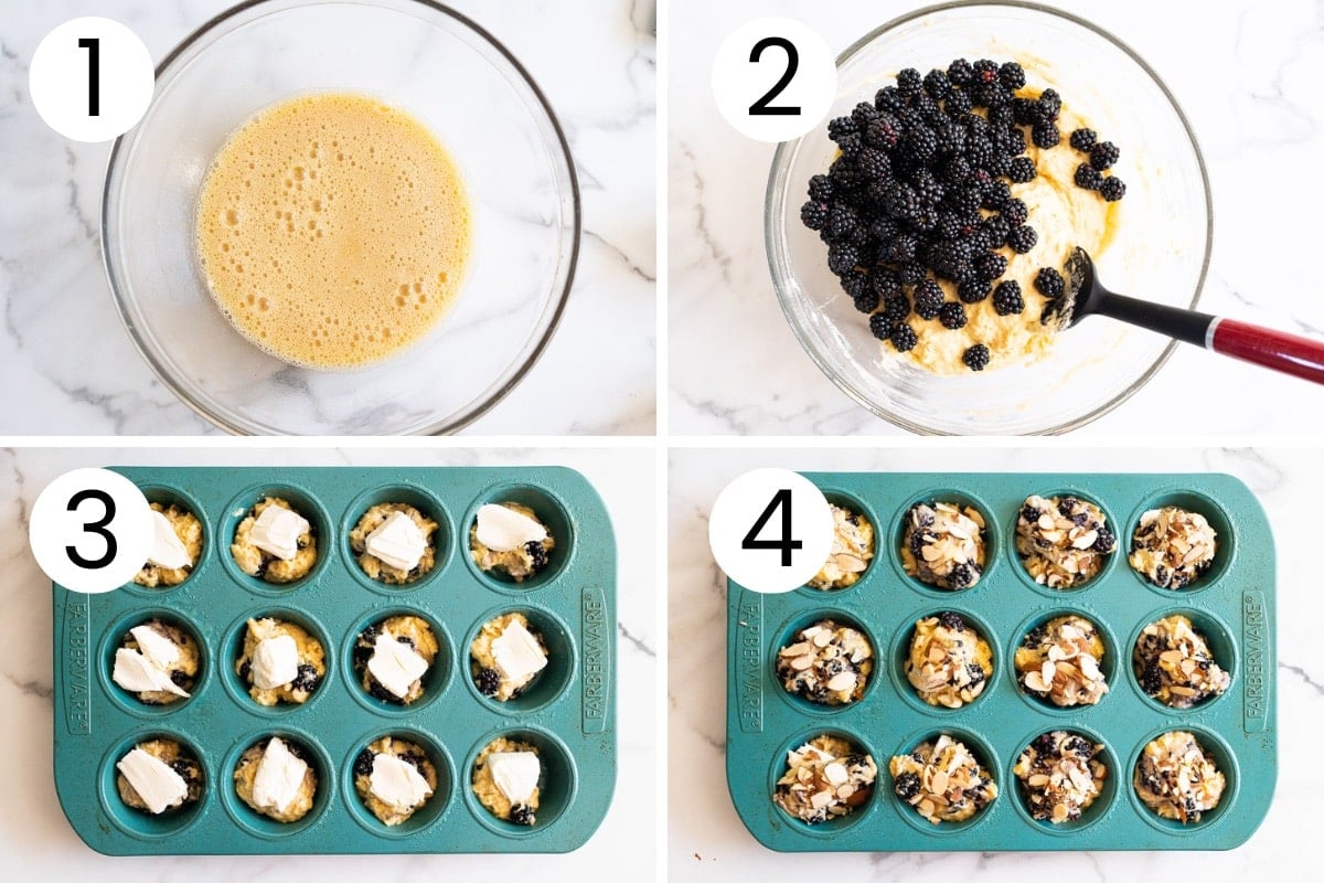Step-by-step process how to make blackberry muffins with cream cheese in a muffin tin.