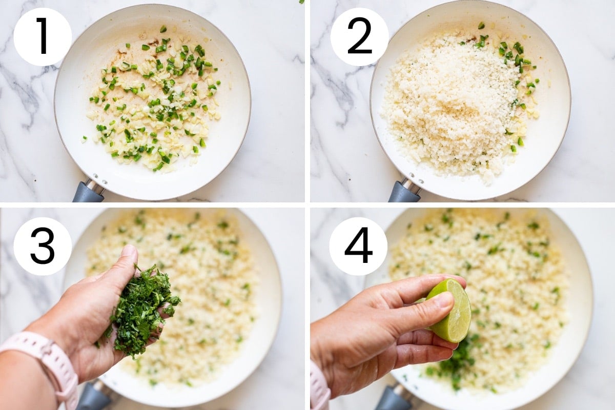 Step by step process how to make cilantro lime cauliflower rice in a skillet.