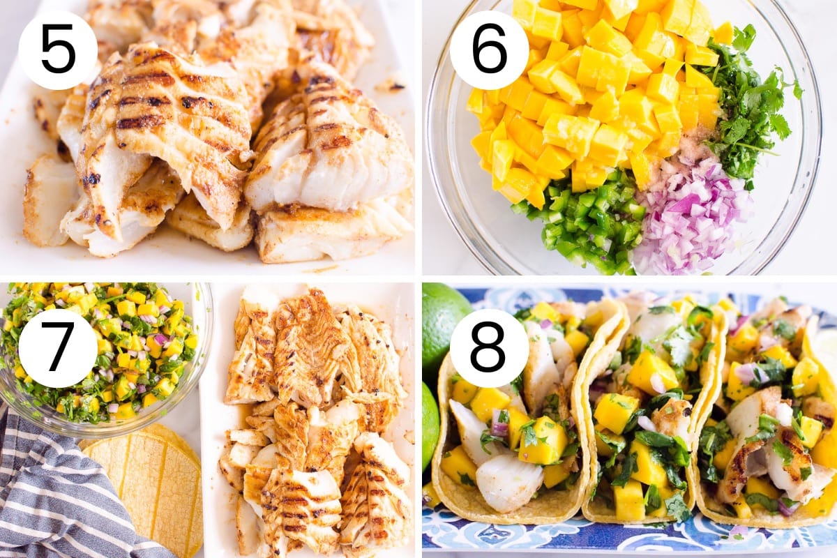 Step by step process how to assemble grilled fish tacos.