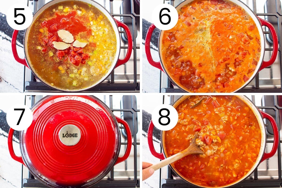Step by step process how to finish making stuffed bell pepper soup with broth and tomatoes in red pot.