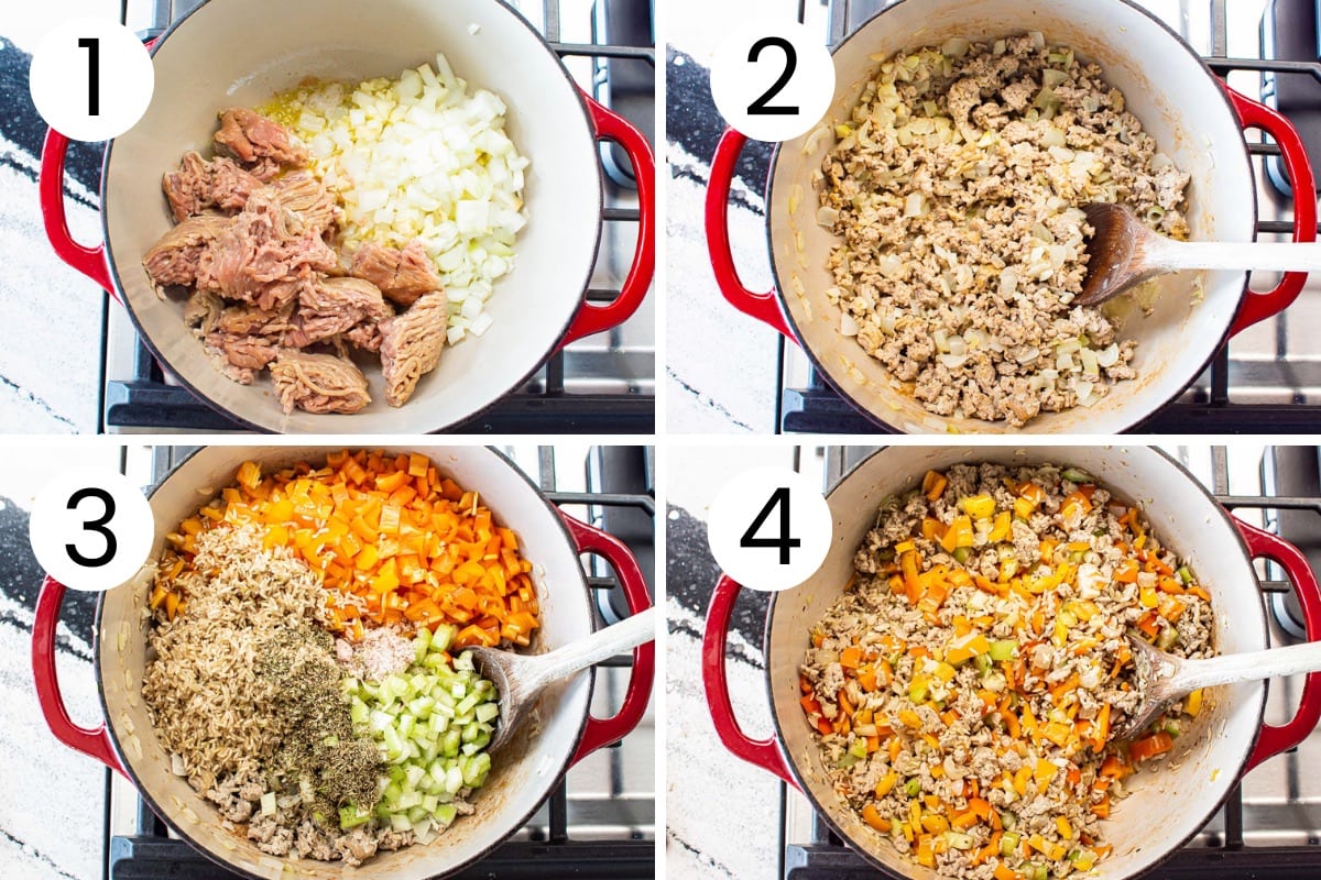 Step by step process how to saute vegetables with spices and ground meat then mix in a pot.