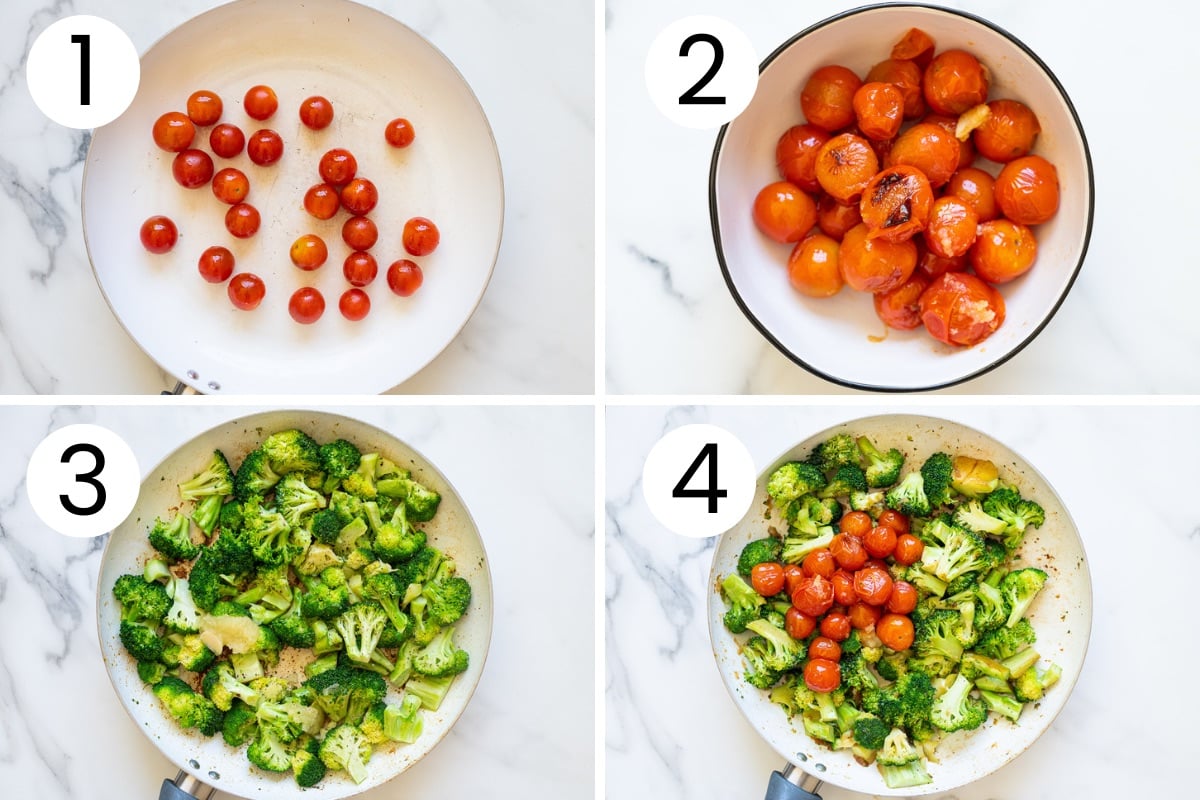 How to saute broccoli with tomatoes and garlic in a skillet.