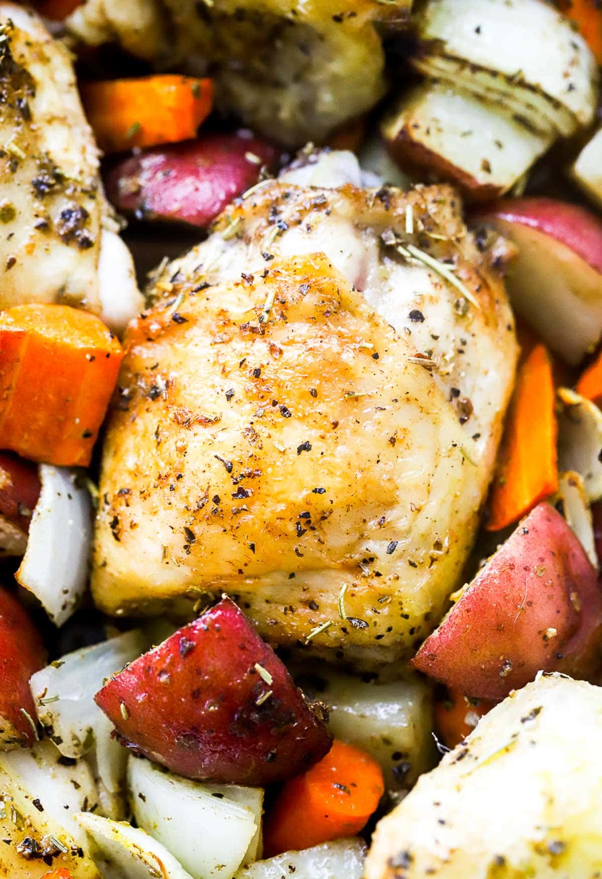 Close up of roasted chicken thigh surrounded by carrots and potatoes.