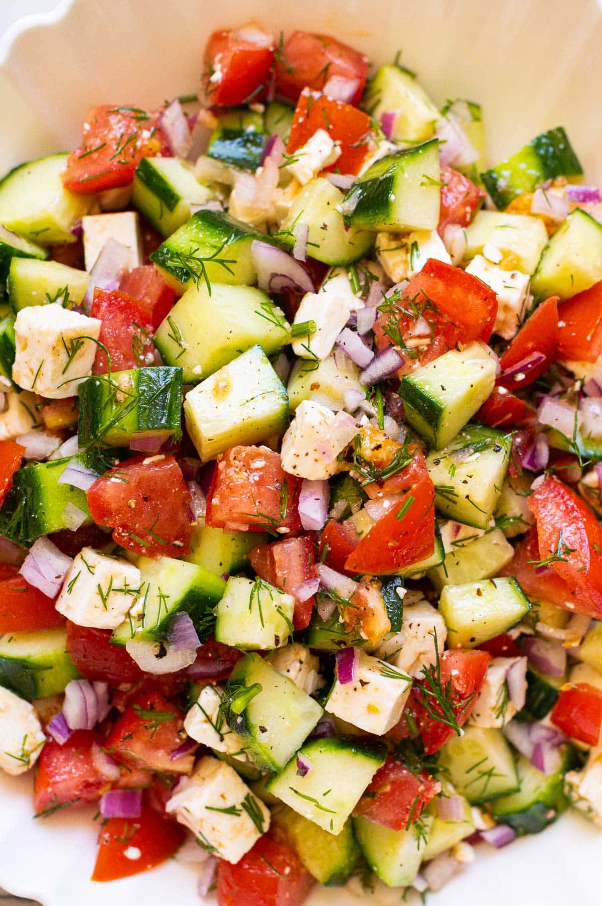 Close up of tomato cucumber salad with feta, red onion and dill.