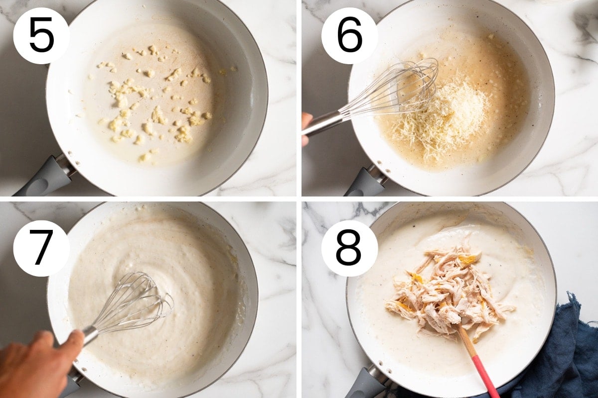 Step by step process how to make healthy chicken alfredo sauce in a skillet.