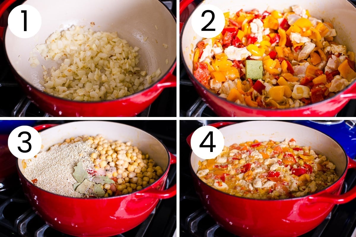 Step by step process how to make chicken chickpea stew in a dutch oven.