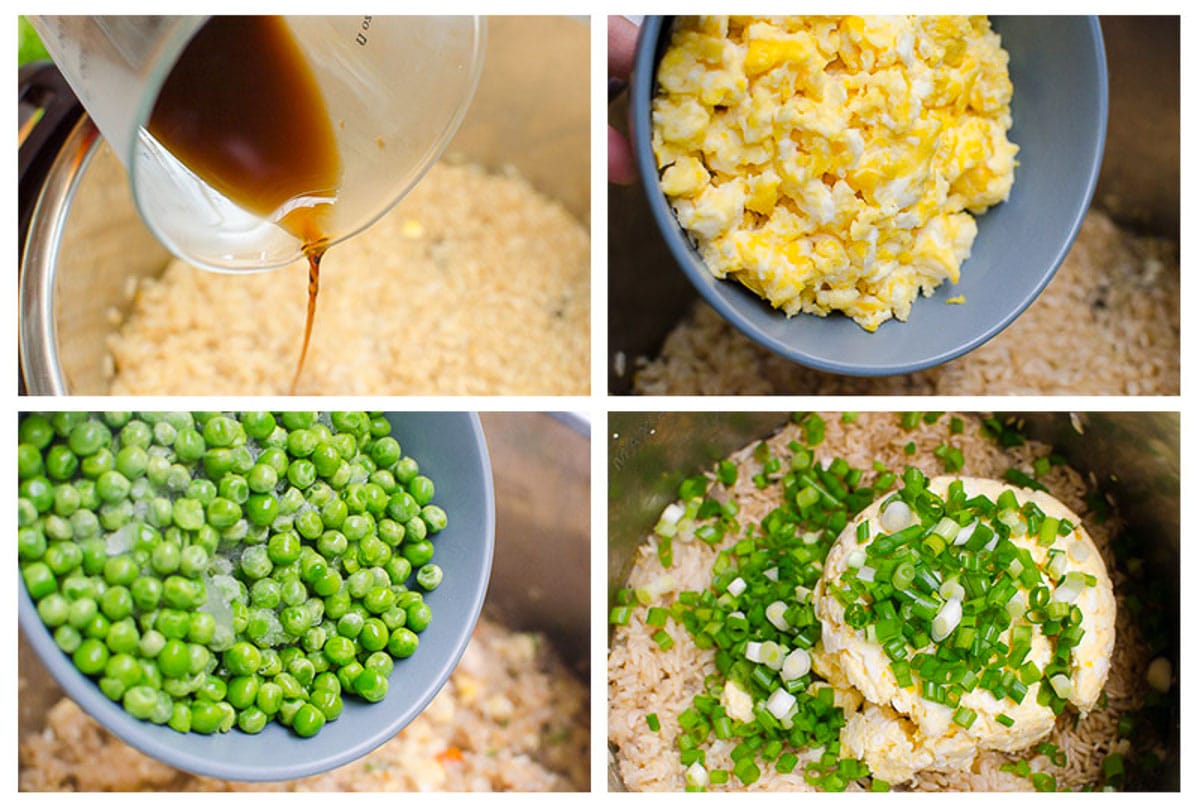 Step is the process how to season pressure cooker chicken fried rice.
