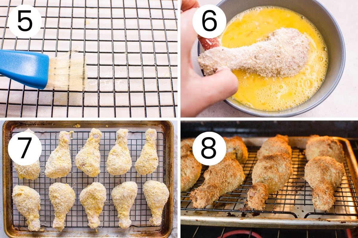 Person showing how to oil the rack, dredge the chicken in egg wash and coating and then bake fried chicken in the oven.