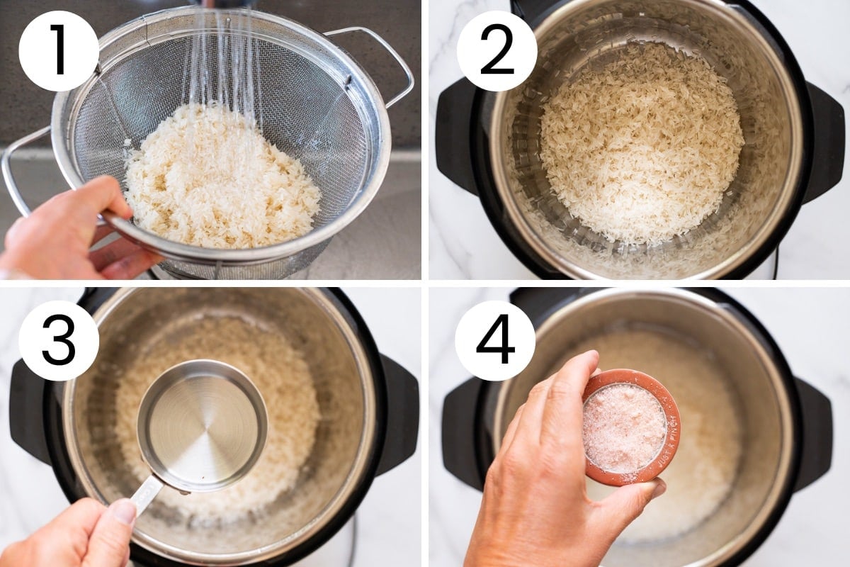 Step by step process how to rinse and cook jasmine rice in instant pot.