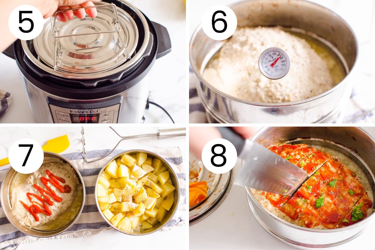Step by step process how to cook instant pot meatloaf and mashed potatoes in electric pressure cooker.