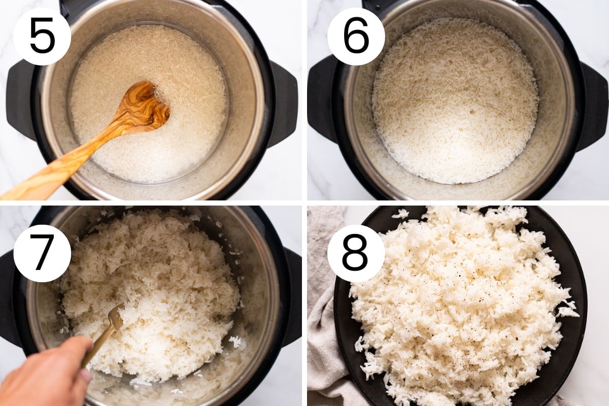 Step by step process how to cook and fluff instant pot Jasmine rice.