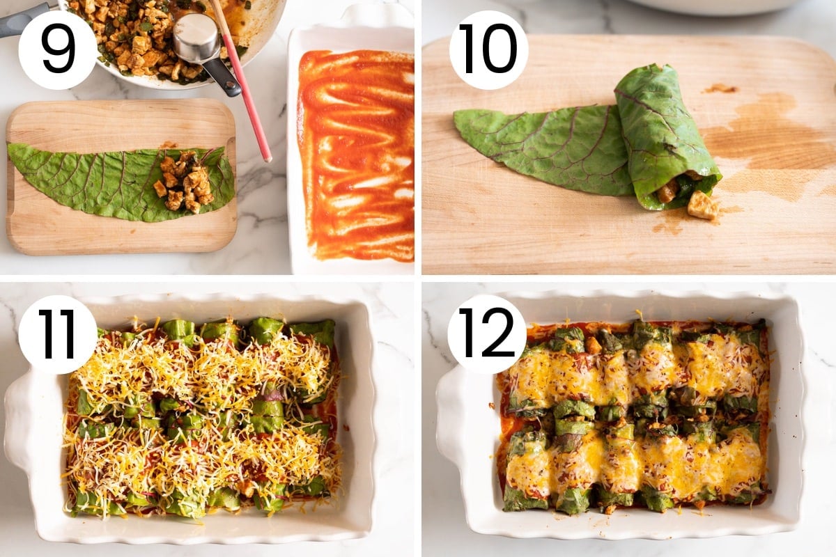 Step by step process how to roll and bake low carb chicken enchiladas.
